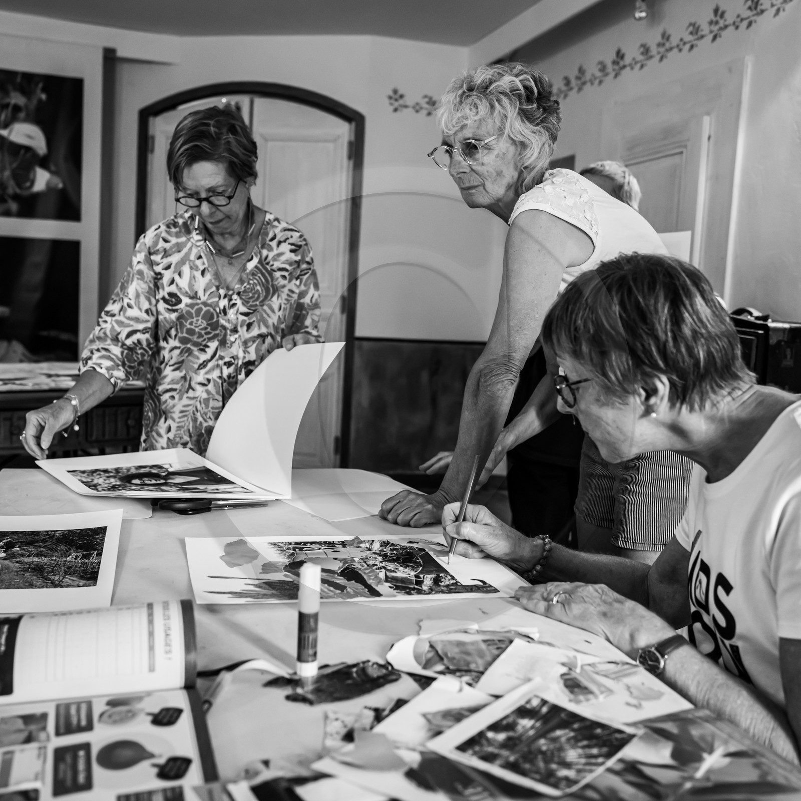 28 août 2024 : A la Maison de la Botanique du Noyer en Champsaur. Visite de l'exposition L comme laine, lien, lieu. Lectures par Les Colporteurs. Collages sur les photographies de Denis Lebioda